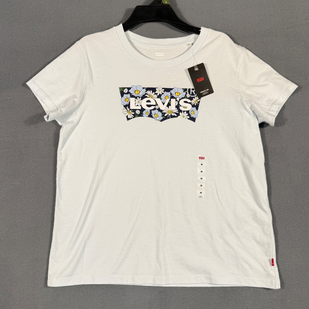 Levi's T-Shirt Women M Light Blue Perfect Tee Floral Batwing Logo Short Sleeve